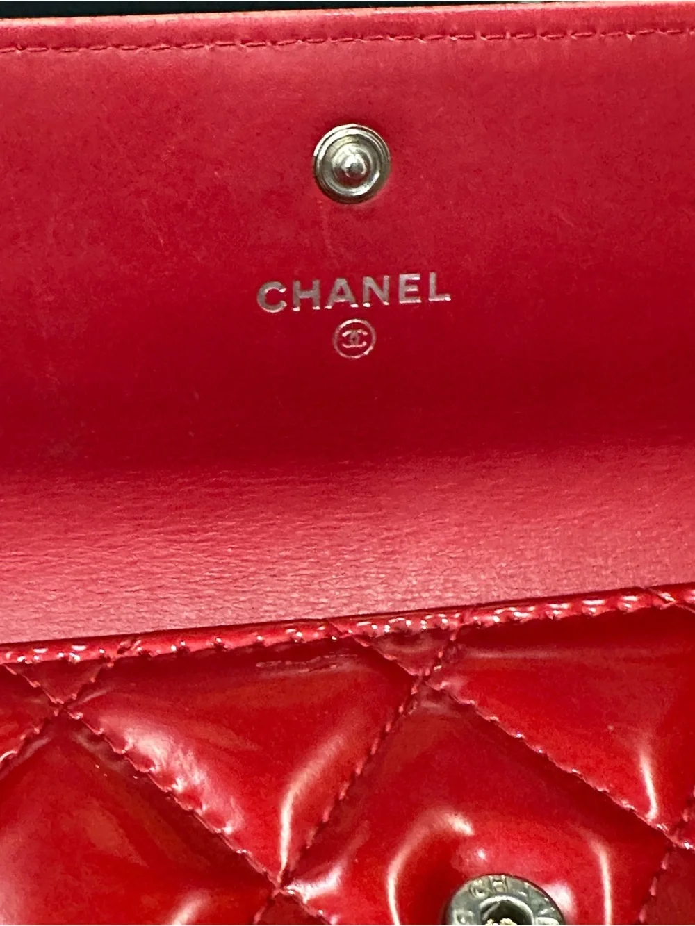 Chanel Classic Red Patent Quilted Long Flap Wallet Silver CC 13 Series